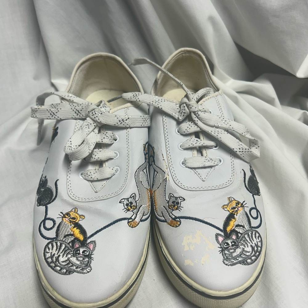 Vtg 90s Embroidered Cat Sneakers 8.5  White Vinyl Sabastino Country Garden Women - Picture 2 of 11